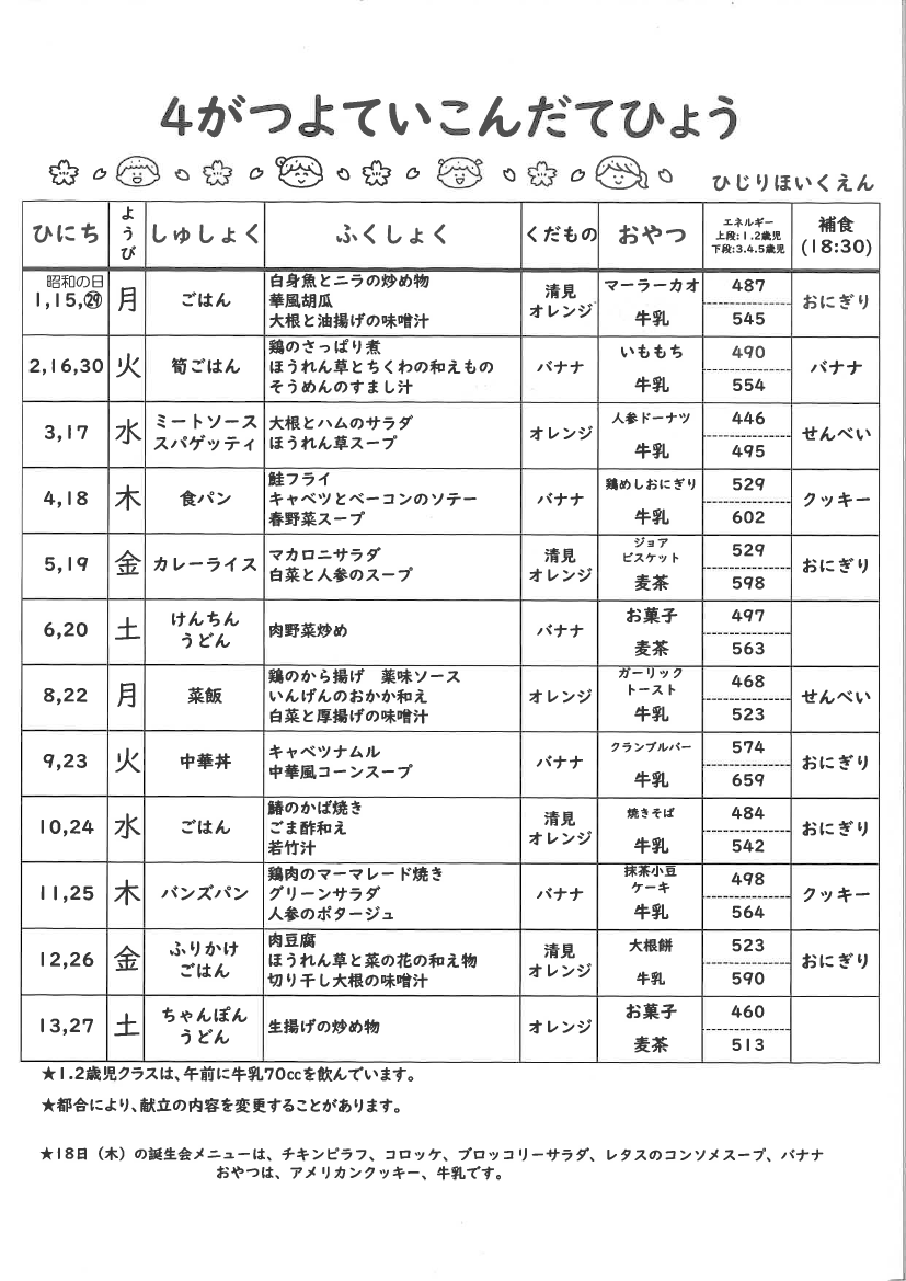 献立表　2024年4月