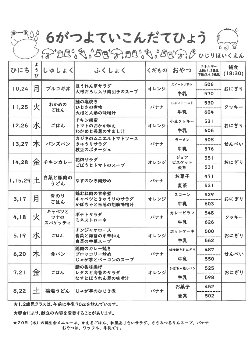 献立表　2024年6月