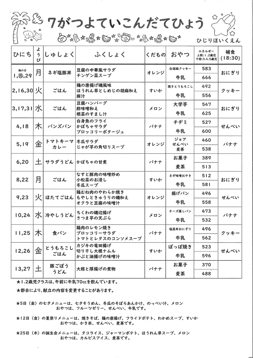 献立表　2024年7月